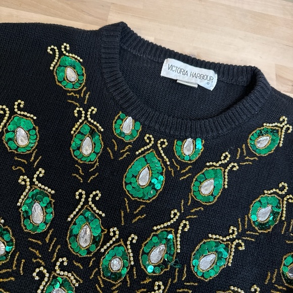 VINTAGE Victoria Harbour Black Sweater with Peacock Embroidery - Picture 5 of 8